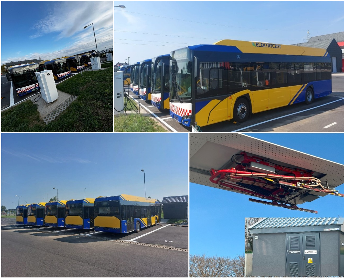 Zdjęcie przedstawia 5 autobusów elektrycznych i ładowarki przy ul. Transportowej. Pantograf odwrócony i trafostację przy ul. Towarowej