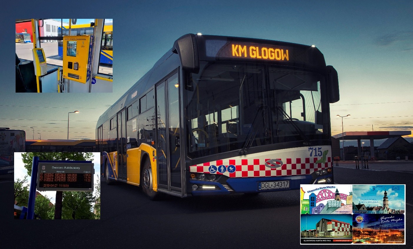 Solaris Urbino 12 z wyposażeniem. Tablica informacji pasażerskiej. Wzory Głogowskiej karty miejskiej (GKM)